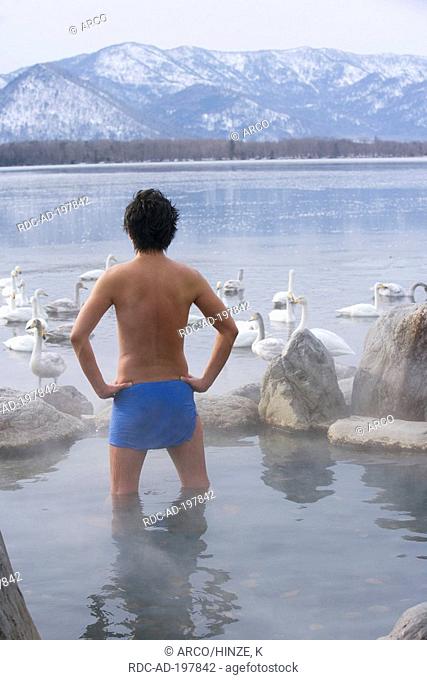 Japaneseman in hot spring, Whooper Swans, Lake Kussharo, Hokkaido, Japan, Cygnus cygnus, Whopper Swan