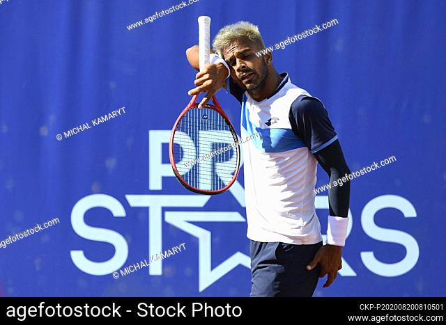 Sumit Nagal of India reacts during the I. CLTK Prague Open of the ATP Challenger Tour match against Stan Wawrinka of Switzerland in Prague, Czech Republic