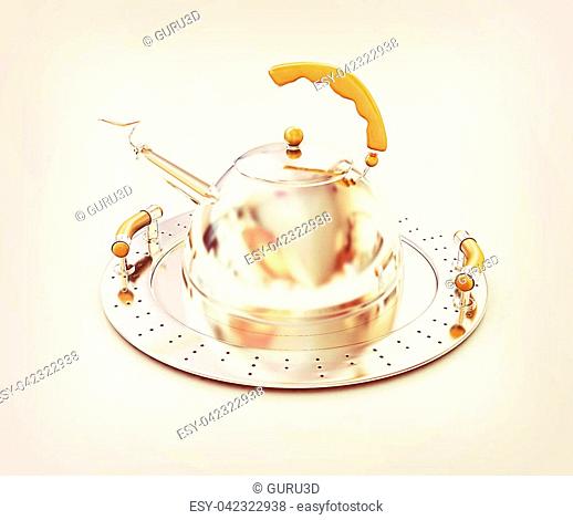Chrome teapot on platter on a white background. 3D illustration. Vintage style
