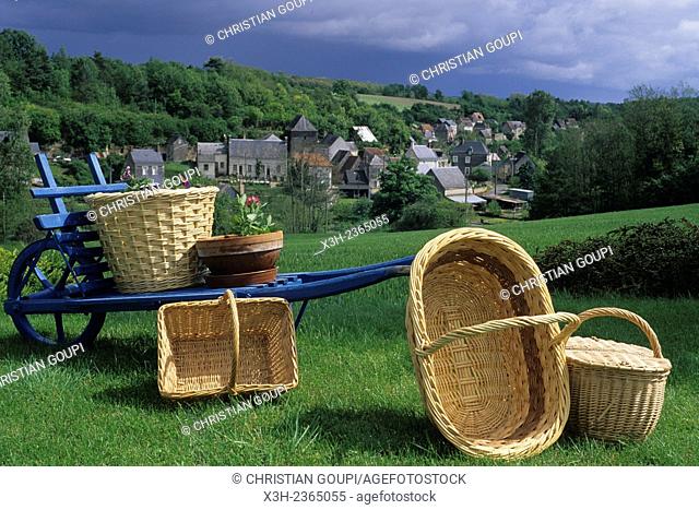 wicker basket display with the village of Villaines-les-Rochers in the background, Indre-et-Loire department, Centre region, France, Europe