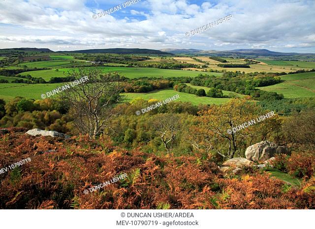 Corby Crags, view from crags looking north towards Cheviot Hills, autumn