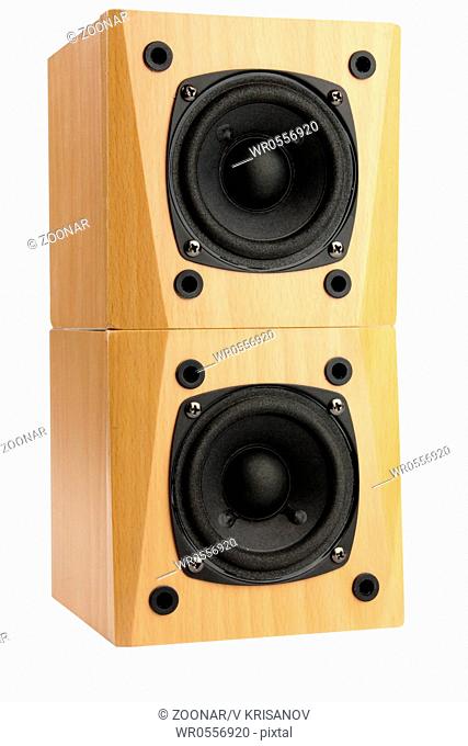 small speakers in wooden box isolated on white