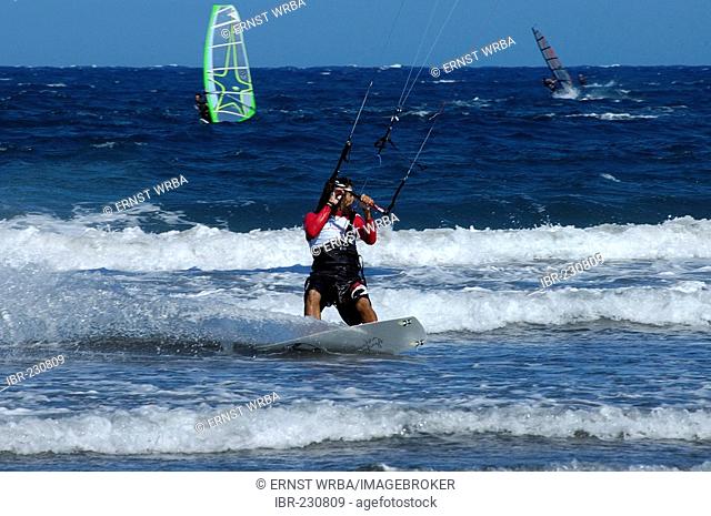 El Medano, ocean with windsurfers and kitesurfers, Tenerife, Canary Islands, Spain