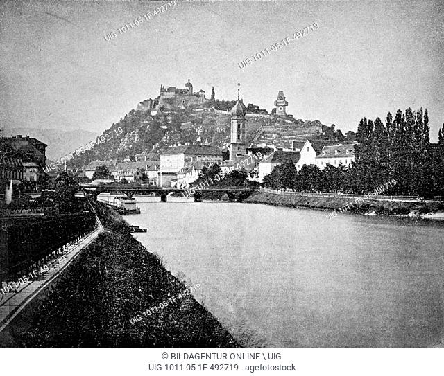 Early autotype of the grazer schlossberg castle hill with fortress in graz, styria, austria, 1880