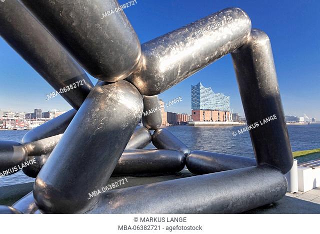 Sculpture of Richard Deacon in front of the Stagetheater, view over the Elbe to the Elbphilharmonie, hafencity, Hamburg, Germany