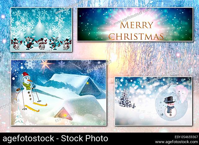 Four pictures on the theme of Christmas combined into a collage. Presented on the background of the winter forest, there is a place for your text