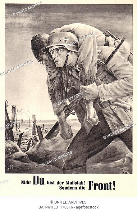 Propaganda Sonderpostkarte zum Tag der NSDAP im Generalgouvernement vom 13. bis 15. August 1943. Ein Soldat trägt einen verwundeten Kameraden