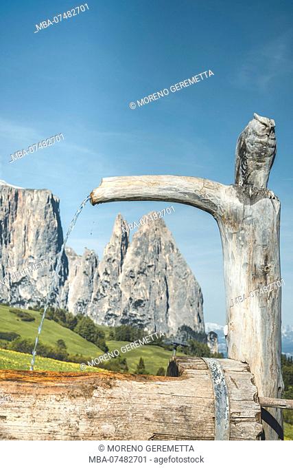 Europe, Italy, Bolzano, South Tyrol, Alpe di Siusi - Seiser Alm. Traditional mountain huts on the Alpe di Siusi meadows, in the background the Sciliar
