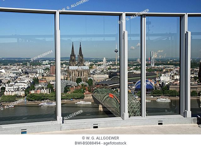 view from LVR tower on the old part of town and Cologne cathedral, Hohenzollern bridge, Museum Ludwig and main station, Germany, North Rhine-Westphalia, Cologne
