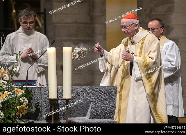 Cardinal and Archbishop Jozef De Kesel (R) pictured during the celebration of the Midnight mass on Christmas eve at the 'Kathedraal van Sint-Michiel en...