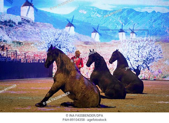 Lusitano horses pictured at a photo call at the horse expo Equitana in Essen, Germany, 17 March 2017. Every two years the world's biggest equine sports trade...
