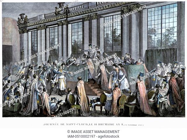 French Revolution of 1789: Coup d'etat of 9 November 1799, the day Napoleon Bonaparte overthrew the Directoire. Hand-coloured engraving