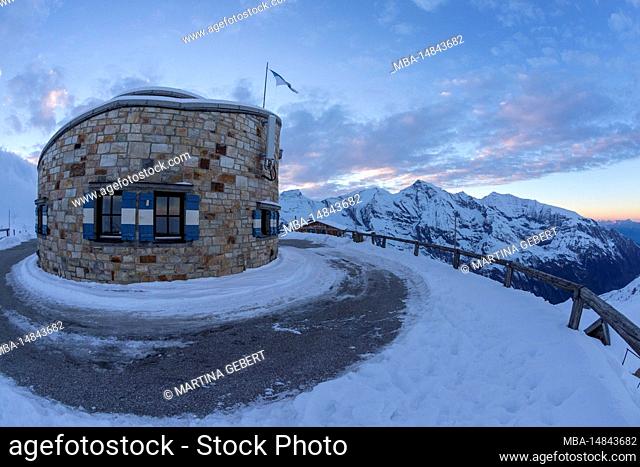 Edelweissspitze lookout tower in winter, snow, morning glow