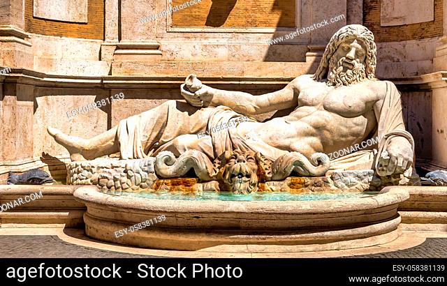 ROME, ITALY - CIRCA AUGUST 2020: famous Greek sculpture of Ocean god, named Marforio. Classic mythology in art