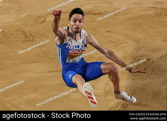 05 March 2023, Turkey, Istanbul: Athletics/indoor: European Championships, men's long jump final, gold medalist Miltiadis Tentoglou from Greece in action