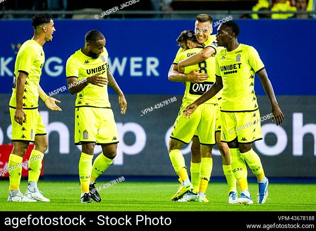 Charleroi's Daan Heymans celebrates after scoring during a soccer match between Oud-Heverlee Leuven and Sporting Charleroi