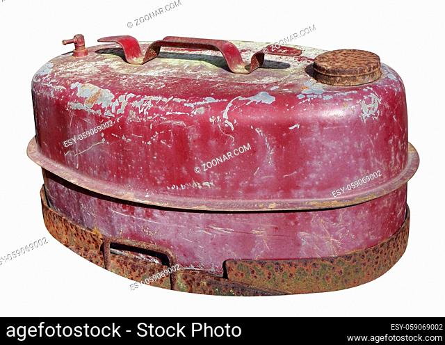Old rusty vintage metal red steel tank for diesel fuel from agricultural machinery isolated on white