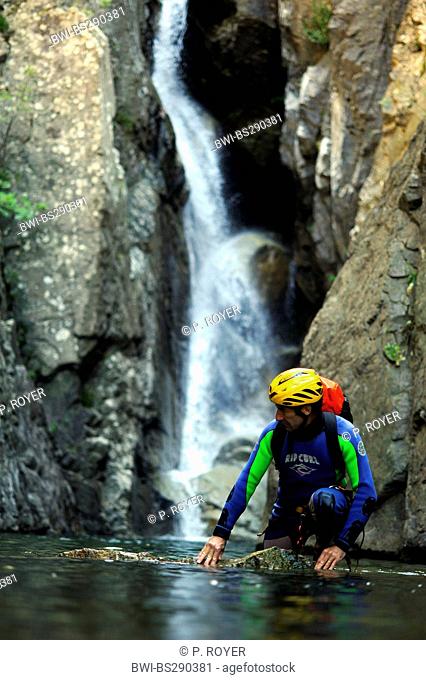 man canyoning the canyon of Ziocu, France, Corsica, Ajacco