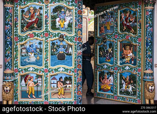 Hindu temple door. Shree Cutch Satsang Swaminarayan Temple. Haile Selassie Ave, Mombasa, Kenya, Africa
