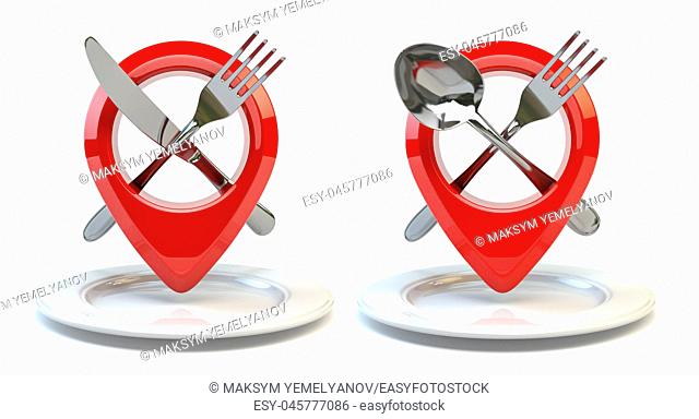 Food, restaurant or cafe location and direction concept. Pin or map point with fork nife and spoon isolated on white. 3d illustration