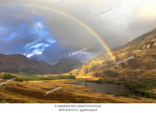 A rainbow over Glen Etive in Scotland captured during a spell of sunlight on an afternoon in early November