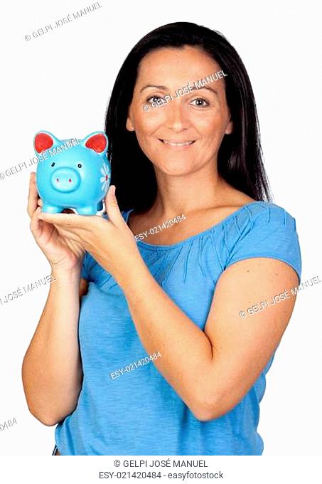 Adorable woman with a blue money-box