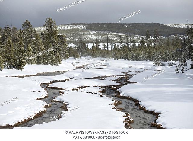 Yellowstone National Park, Continental Divide, open waters, small creeks running down through snow covered woods, Wyoming, USA