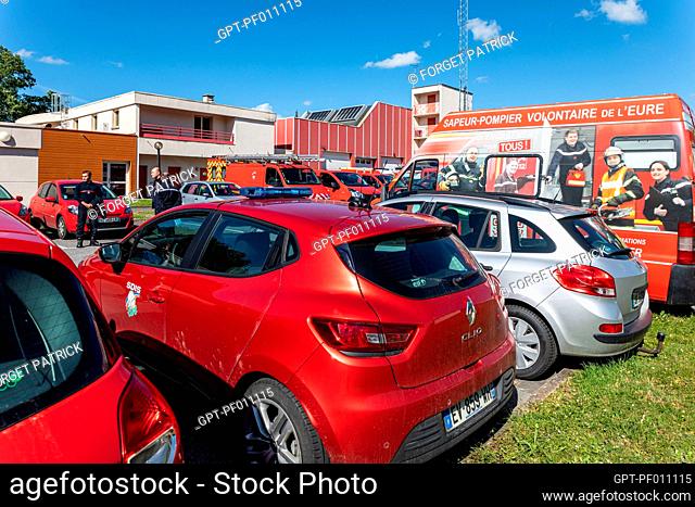 PARKING LOT AT THE SDIS27, FIREFIGHTER, FIRE AND EMERGENCY SERVICE OF THE EURE, EVREUX, FRANCE