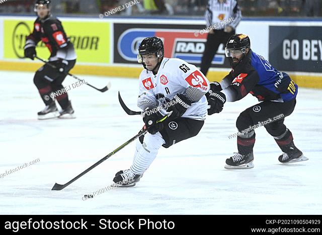 From left Elmeri Eronen of Turku and Michal Repik of Sparta in action during the Czech team Sparta Prague vs. Sweden's Vaxjo Lakers ice hockey Champions League...