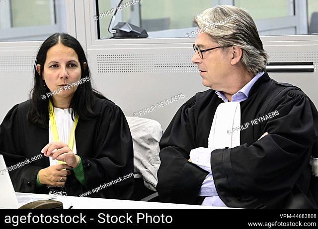 Lawyers Delphine Paci and Michel Bouchat, defending Salah Abdeslam pictured during a judgment on the individual glass boxes in which the accused have to sit for...