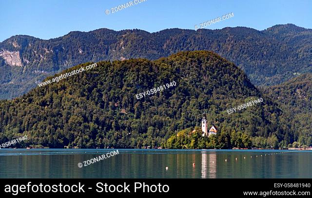 A picture of the Lake Bled Island and the surrounding landscape