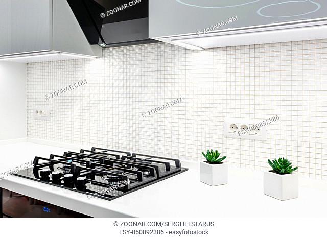 Modern white and black kitchen, minimalistic clean design