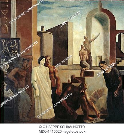 Architecture - the Work in the City (L'Architettura - Il lavoro in città), by Mario Sironi, 1933 - 1934, 20th Century, oil on canvas, 350 x 350 cm
