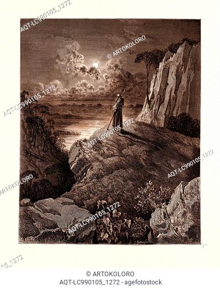 THE HERMIT ON THE MOUNTAIN, BY GUSTAVE DORE, 1832 - 1883, French. Engraving for Atala by Chateaubriand. 1870, Art, Artist, romanticism, colour, color engraving