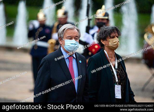 United Nations Secretary-General (Left) walks with his wife Catarina de Almeida Vaz Pinto on a honor guard street during the visit of the United Nations...