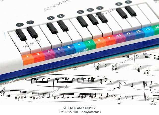 Notes and piano with numbered colourful keys