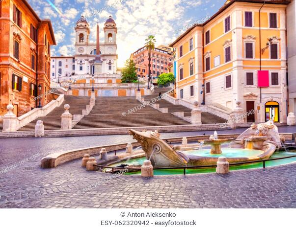 Fountain of the Boat or Fontana della Barcaccia and the Spanish Steps Piazza di Spagna, Rome, Italy