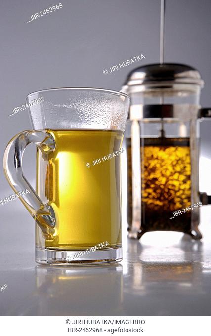 Tea glass in front of a teapot with herbal tea