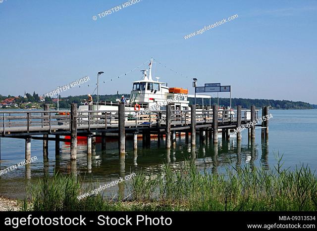 Excursion steamer, main pier, access to Fraueninsel or Frauenchiemsee, Chiemsee, Chiemgau, Upper Bavaria, Bavaria, Germany, Europe