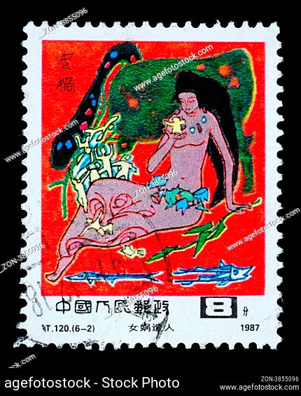 A Stamp printed in China shows a fairy story of the Sky-patching Goddess, 1987