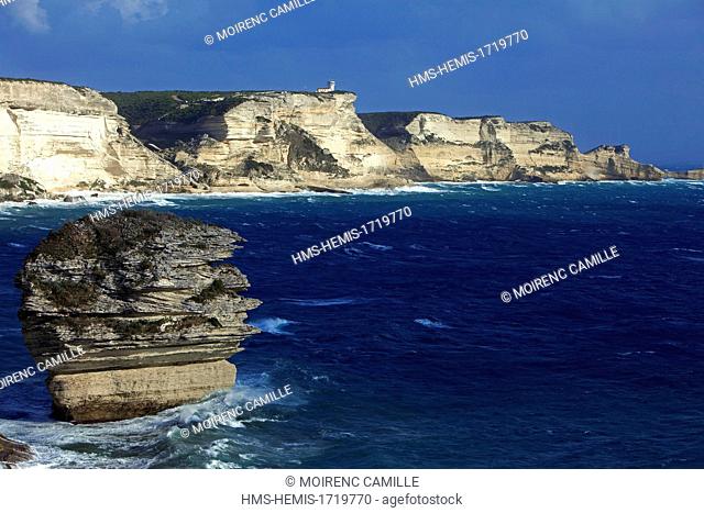 France, Corse du Sud, Bonifacio, rock grain of sand in the foreground, limestone cliffs, Cape Town and semaphore Pertusato the background