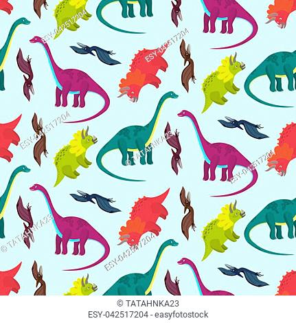 Cute cartoon multicolored dinosaurs seamless pattern for kids textile. Nice bright colorful childish texture with diplodocus, pterodactyl