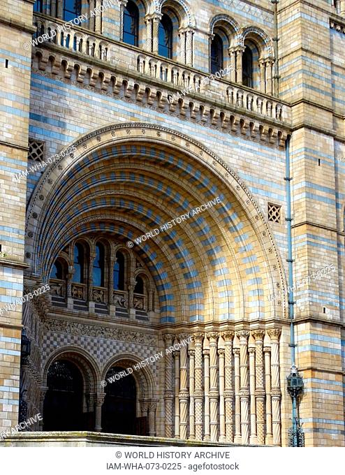 Exterior of the Natural History Museum in London, built and opened by 1881. The building has an ornate terracotta facade by Gibbs and Canning Limited typical of...