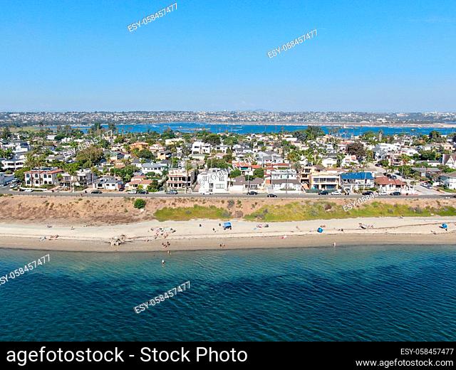 Aerial view of Mission Bay and beaches in San Diego, California. USA. Community built on a sandbar with villas and recreational Mission Bay Park