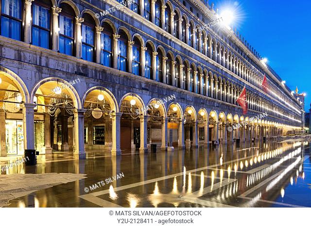 Mirror image in San Marco square in blue hour in Venice Italy