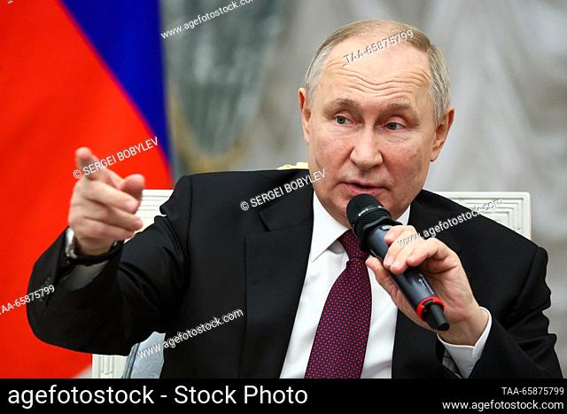 RUSSIA, MOSCOW - DECEMBER 18, 2023: Russia's President Vladimir Putin speaks during a meeting with winners and mentors of the Professionals national...