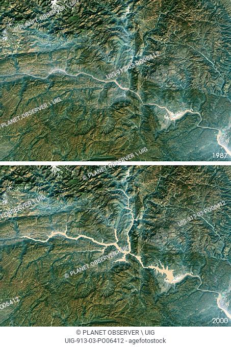 Satellite view of the Three Gorges Dam, China in 1987 and 2000. This before and after image shows changes of the Yangtze river over the years
