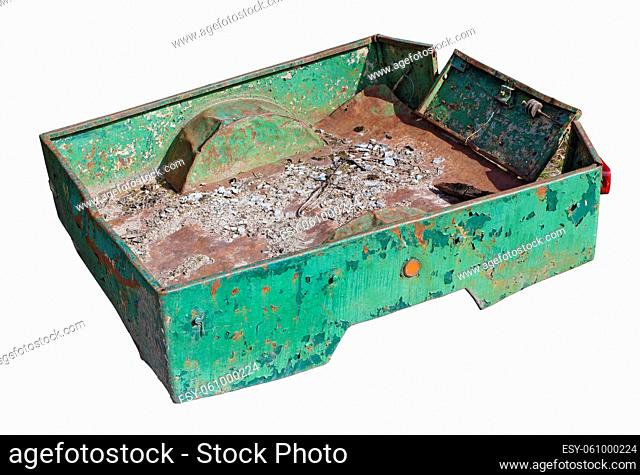 Old broken aged green small cargo trailer. Isolated on white with patch