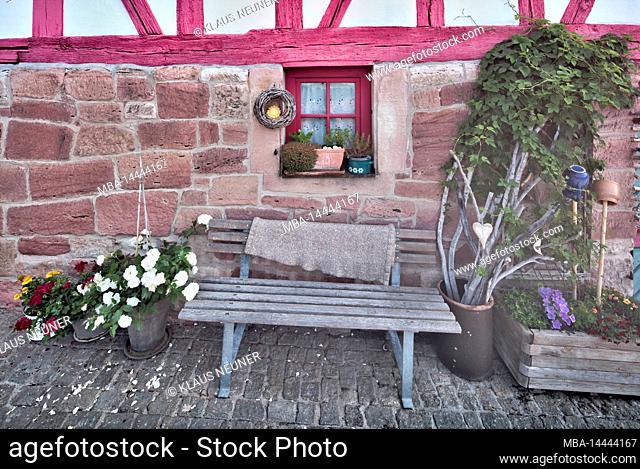 House facade, half-timbering, floral decoration, decoration, village view, summer, Wasungen, Thuringia, Germany, Europe