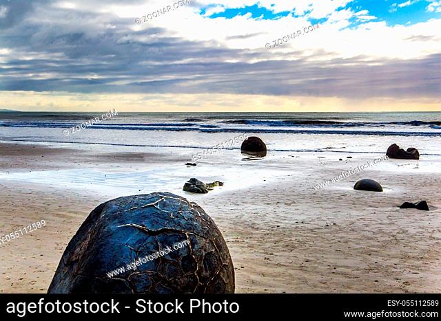 The South Island of New Zealand. The popular tourist attraction. Moeraki boulders is a group of huge stones and their remains